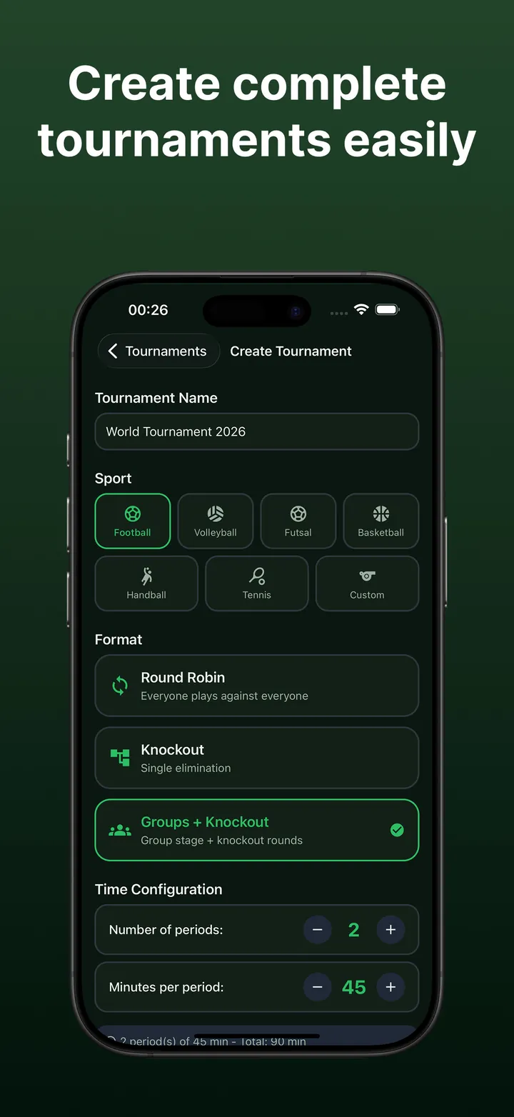 Tournament setup with sport, format and timing options